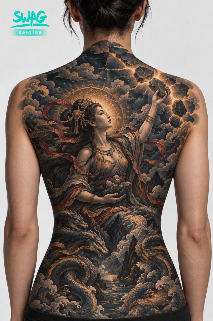 chloehayley : ☆ 雲海神女・龍隱山河

一身踏入雲海，眾龍伏於山川之間。
她伸手托起碎裂的山石，
也像是在守住一段即將被時間帶走的故事。

墨色雲霧、群山流水與盤踞其中的龍，
讓整片背部像一幅從古卷裡走出的長篇畫卷。
每一處留白與細節，都讓作品有了自己的呼吸。 🐉☁️✨

大型作品可於6天內完工
（依圖案複雜度評估）

🫶喜歡類似風格 歡迎私訊了解