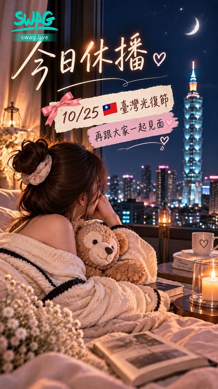  : 📢 薇娜今日宣布罷工一天🤭

今天的任務不是直播
而是抱緊達菲欣賞101夜景🧸🌃

至於你們嘛……
今天就先批准你們想我一整晚🫪💕

但是！想念是會累積的喔～
10/25 記得準時來報到
我要看看誰的想念值最高💋


#今日休播 #充電中 #明天見