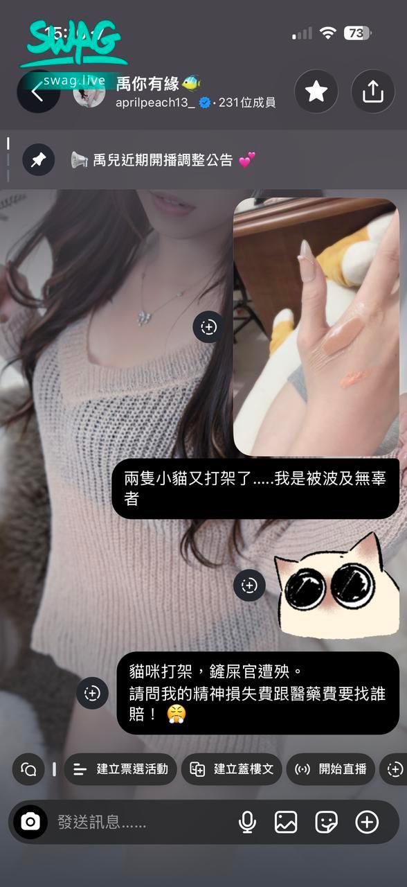 sexylinli : Babe
兩隻小貓又開戰了🐱💥🐱
我只是個無辜的路人，卻莫名成了受害者😭

貓咪打架，鏟屎官遭殃……
請問精神損失費跟醫藥費要找誰賠！😤🤣

你們家毛孩也有讓你們無辜遭殃的經驗嗎？快來留言分享，讓我知道我不孤單！😂💕