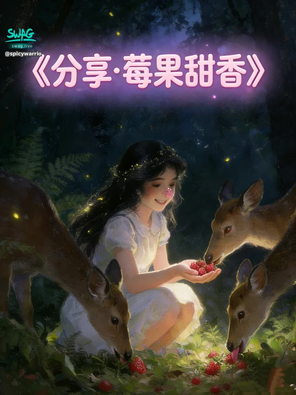 spicywarrior2645 : 雯雯跟着三只鹿往森林深处走，穿过垂着气根的古木，走过开满水晶兰的幽潭边。大哥时不时回头望她，鹿角上的青苔在月光下泛着柔光。雯雯忽然想起口袋里的野草莓，小心翼翼地拿出来，摊在手心。三只鹿凑过来，小口小口地吃着，粉色的汁液沾在它们的鼻尖，像撒了碎钻。小弟吃完还舔了舔雯雯的指尖，湿软的触感让她忍不住笑出了声，声音轻得像一片羽毛，落在林间，惊起几只夜鸟扑棱棱飞向夜空。