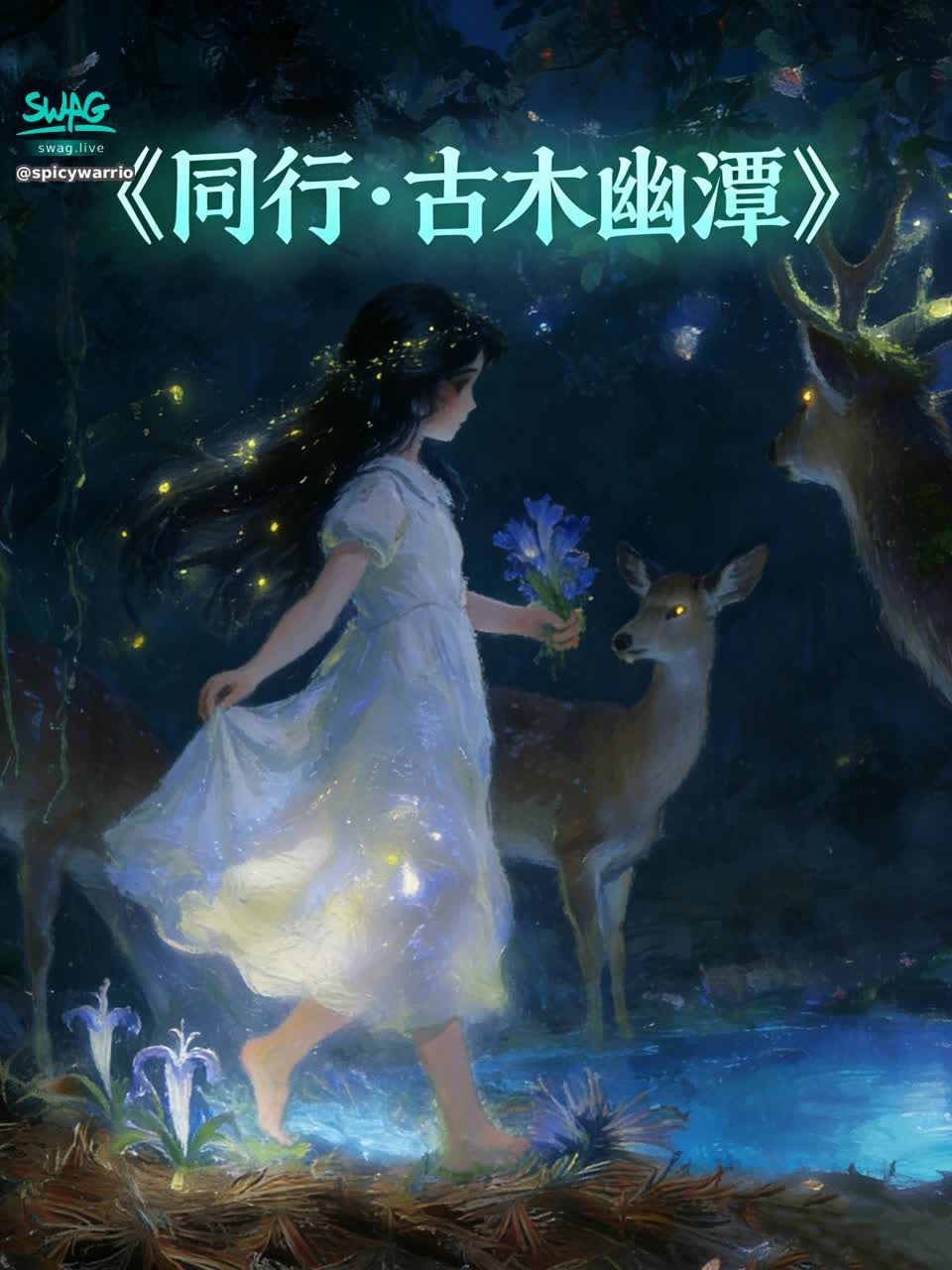 spicywarrior2645 : 雯雯跟着三只鹿往森林深处走，穿过垂着气根的古木，走过开满水晶兰的幽潭边。大哥时不时回头望她，鹿角上的青苔在月光下泛着柔光。雯雯忽然想起口袋里的野草莓，小心翼翼地拿出来，摊在手心。三只鹿凑过来，小口小口地吃着，粉色的汁液沾在它们的鼻尖，像撒了碎钻。小弟吃完还舔了舔雯雯的指尖，湿软的触感让她忍不住笑出了声，声音轻得像一片羽毛，落在林间，惊起几只夜鸟扑棱棱飞向夜空。
